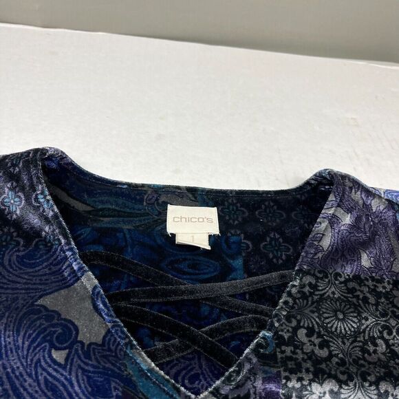Chicos Velvet Midnight Patchwork Tunic Velvet 3/4 Sleeve Winter Top 1 MEDIUM - Picture 4 of 11